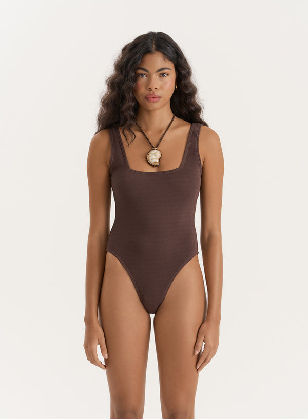 4th & Reckless Chesnut Brown Crinkle High Leg Swimsuit- Nari