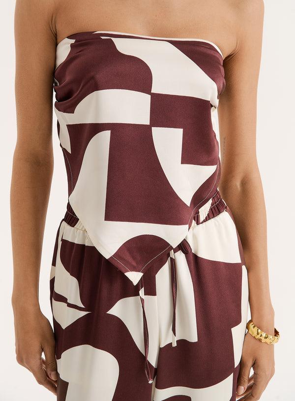 4th & Reckless Chocolate Abstract Print Satin Bandeau Top- Bradie