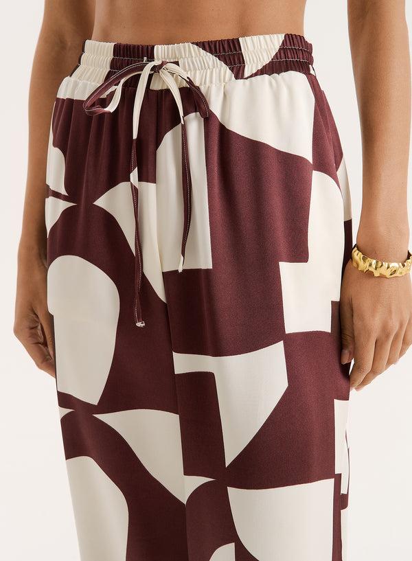 4th & Reckless Chocolate Abstract Print Satin Trouser- Bradie