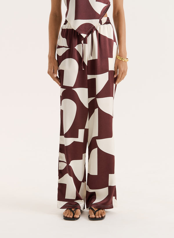 4th & Reckless Chocolate Abstract Print Satin Trouser- Bradie