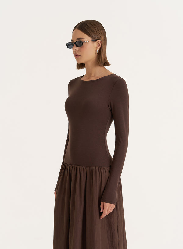 4th & Reckless Chocolate Contrast Long Sleeve Maxi Dress- Rosie