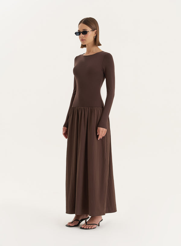 4th & Reckless Chocolate Contrast Long Sleeve Maxi Dress- Rosie