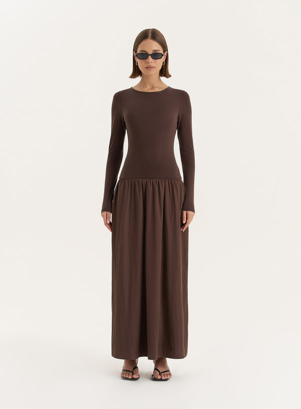 4th & reckless Chocolate Contrast Long Sleeve Maxi Dress- Rosie