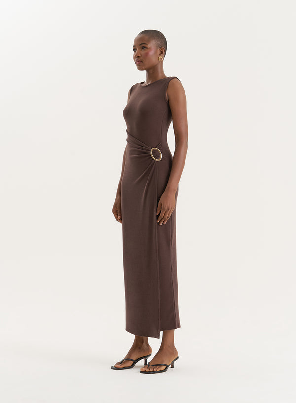 4th & Reckless Chocolate Gathered Waist Jersey Maxi Dress- Nia