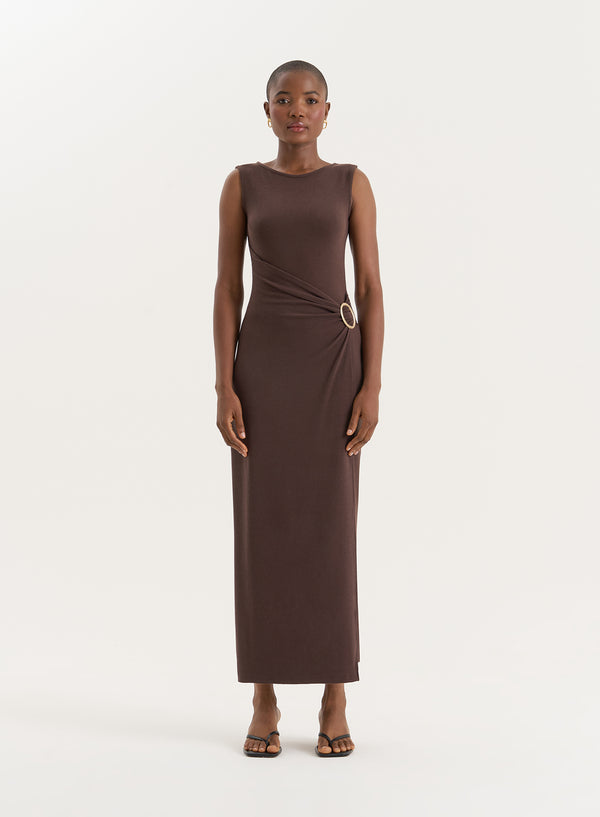 4th & reckless Chocolate Gathered Waist Jersey Maxi Dress- Nia
