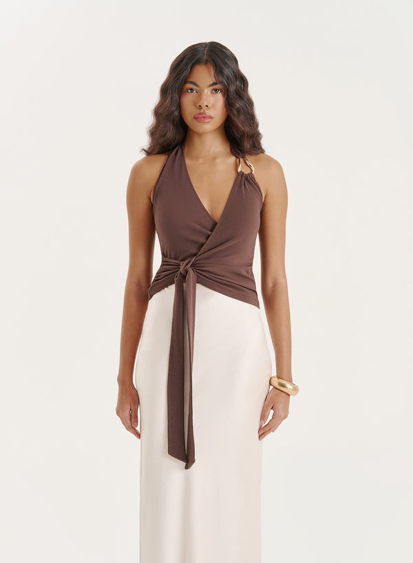 4th & reckless Chocolate Halter Neck Tie Wrap Top- Beatriz