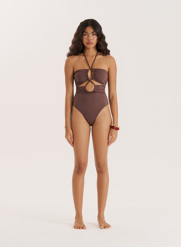 4th & reckless Chocolate Halterneck Strappy Swimsuit- Echo