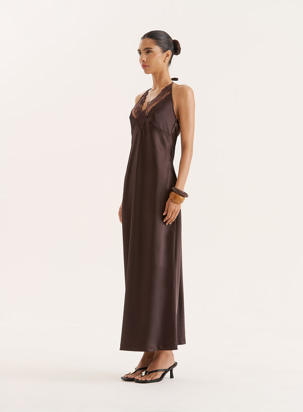 4th & Reckless Chocolate Lace Trim Halterneck Satin Maxi Dress- Blair