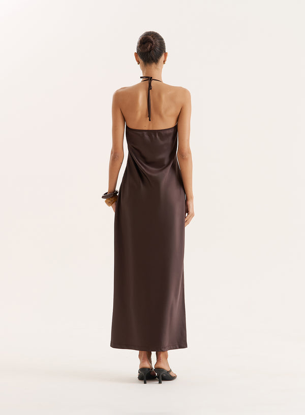 4th & Reckless Chocolate Lace Trim Halterneck Satin Maxi Dress- Blair