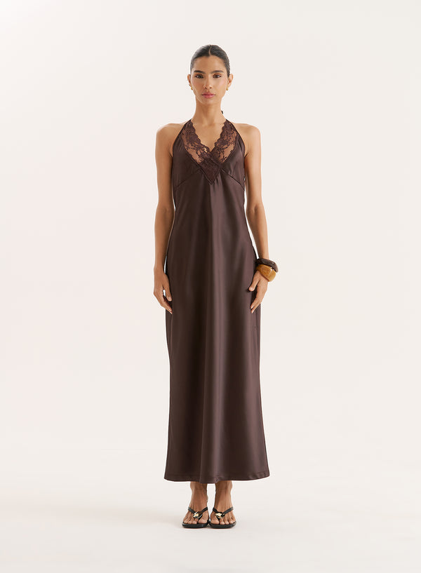 4th & reckless Chocolate Lace Trim Halterneck Satin Maxi Dress- Blair
