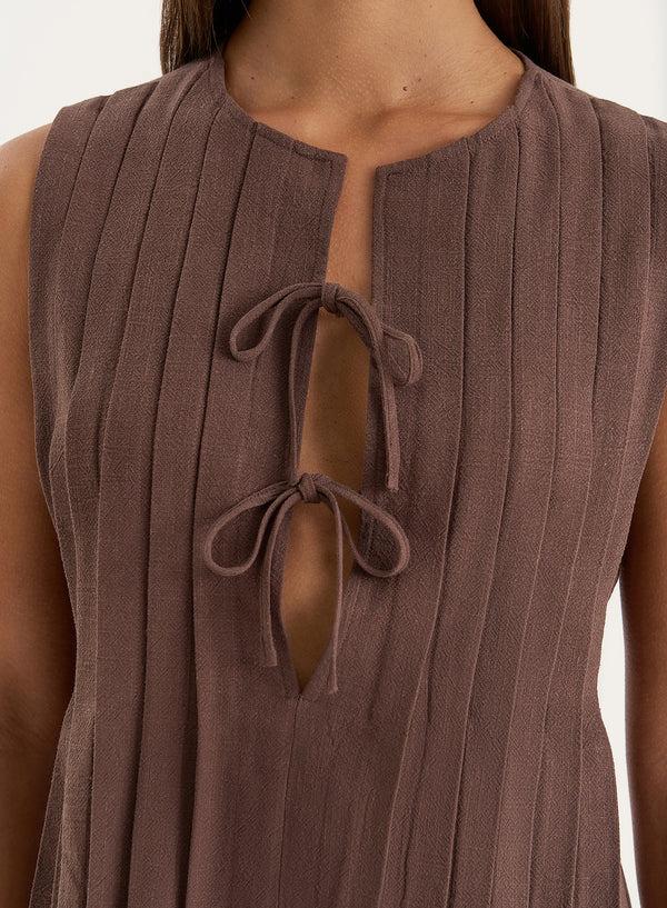 4th & Reckless Chocolate Linen Blend Tie Front Top- Athena