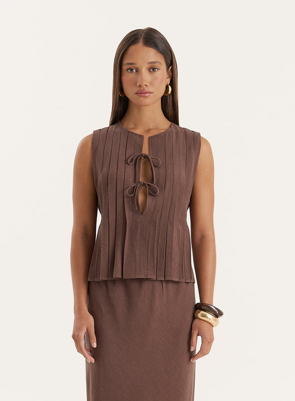 4th & reckless Chocolate Linen Blend Tie Front Top- Athena