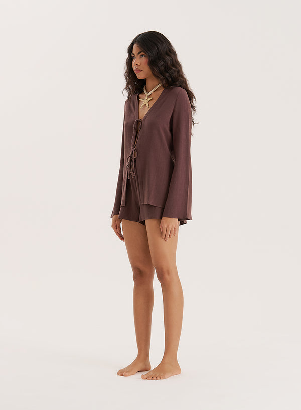 4th & Reckless Chocolate Linen Blend Tie Front Top- Jules