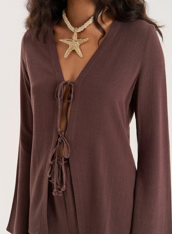 4th & Reckless Chocolate Linen Blend Tie Front Top- Jules
