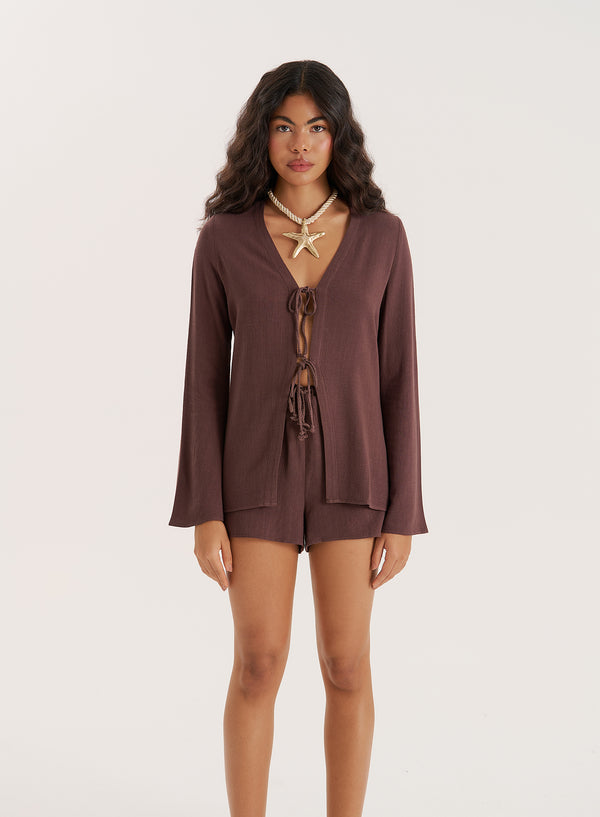 4th & reckless Chocolate Linen Blend Tie Front Top- Jules