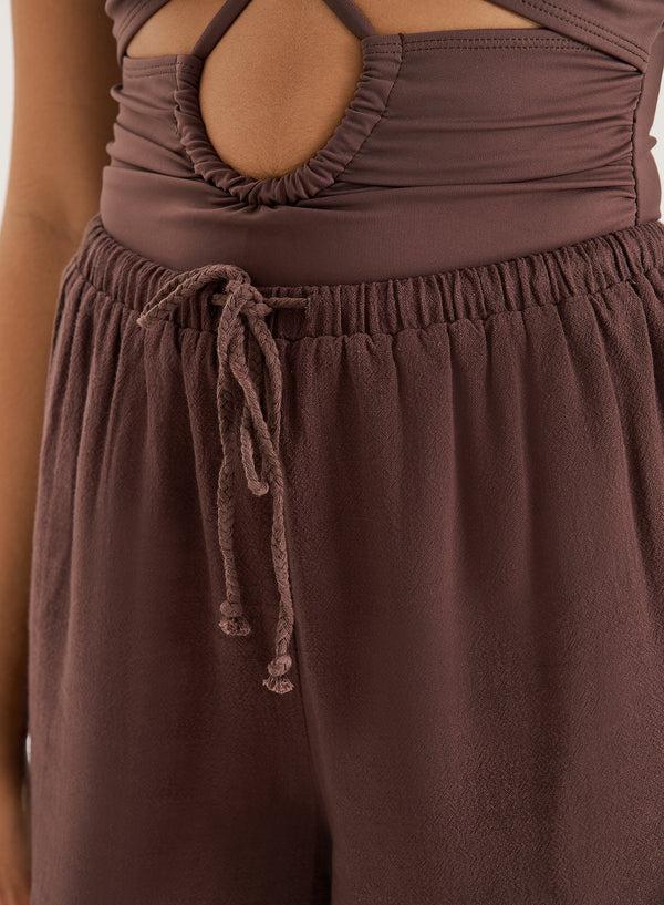 4th & Reckless Chocolate Linen Blend Tie Waist Shorts- Jules