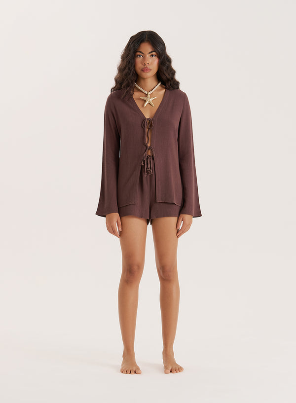4th & reckless Chocolate Linen Blend Tie Waist Shorts- Jules
