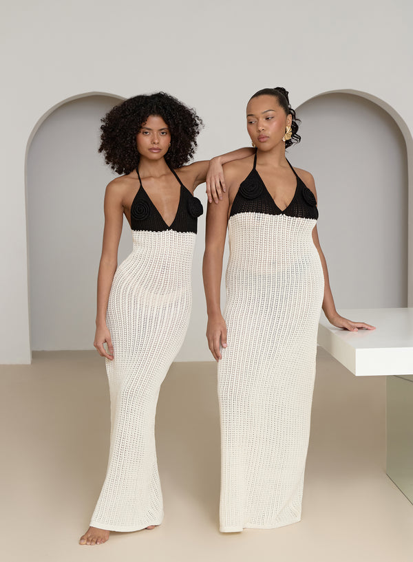 4th & Reckless Cream And Black Knit Corsage Maxi Dress- Orchid