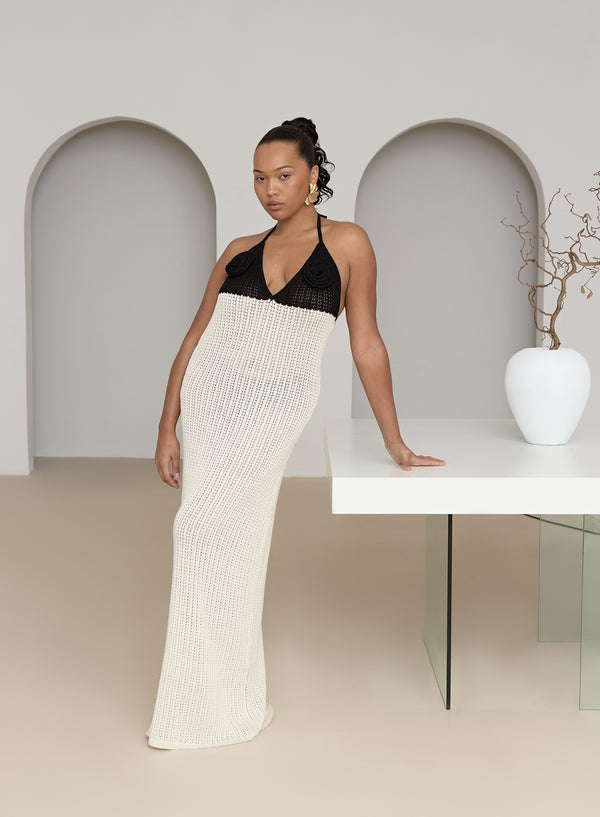 4th & Reckless Cream And Black Knit Corsage Maxi Dress- Orchid