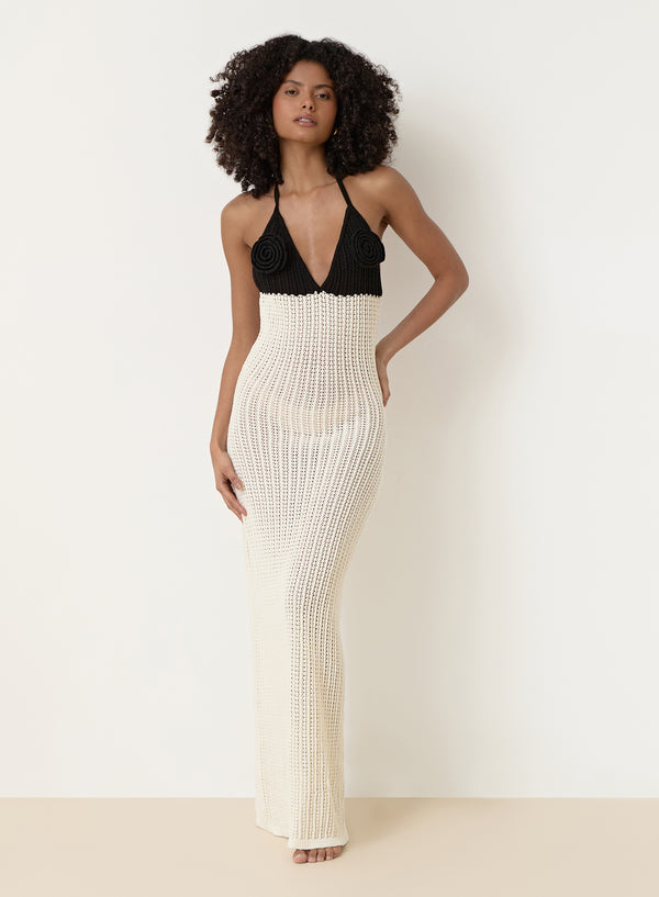 4th & reckless Cream And Black Knit Corsage Maxi Dress- Orchid