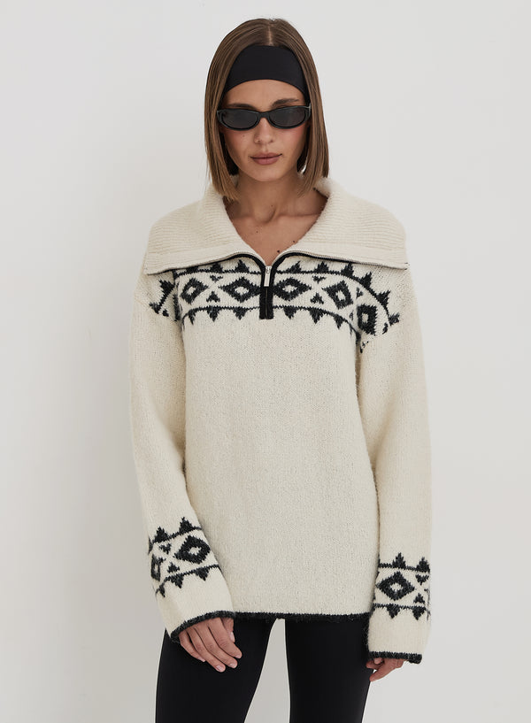 4th & reckless Cream Fairisle Knitted Half Zip Jumper- Kali