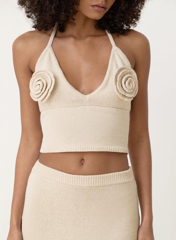 4th & Reckless Cream Knit Corsage Halterneck Top- Rico
