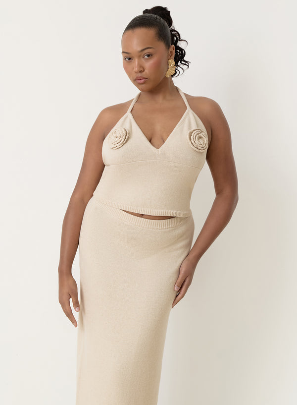 4th & reckless Cream Knit Corsage Halterneck Top- Rico