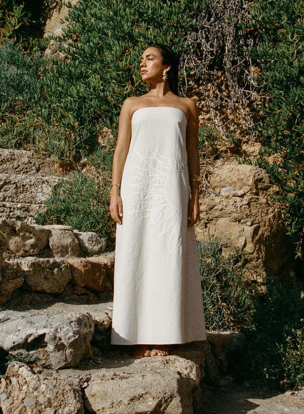 4th & Reckless Cream Sun Embroidery Linen Blend Bandeau Dress- Elysia