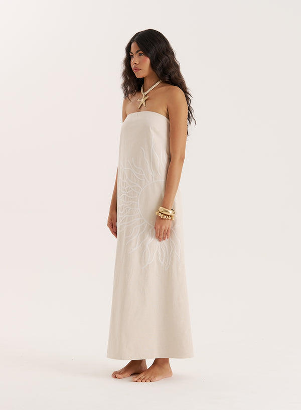 4th & Reckless Cream Sun Embroidery Linen Blend Bandeau Dress- Elysia