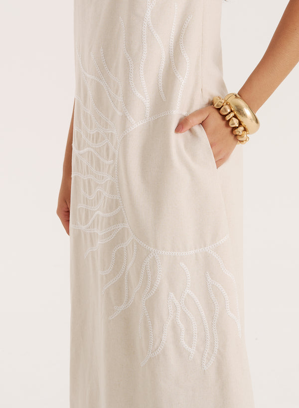 4th & Reckless Cream Sun Embroidery Linen Blend Bandeau Dress- Elysia