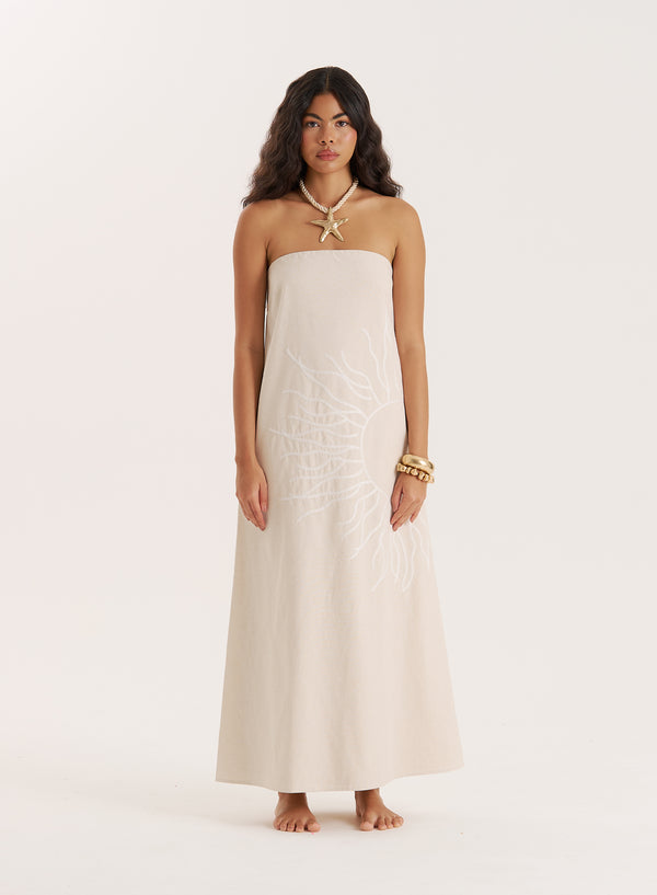 4th & reckless Cream Sun Embroidery Linen Blend Bandeau Dress- Elysia