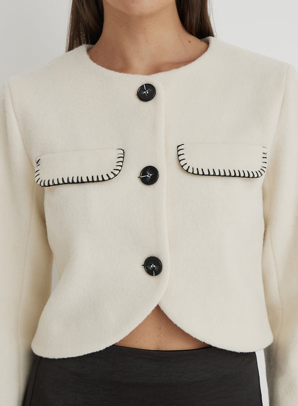 4th & Reckless Cream Wool Contrast Pocket Cropped Jacket- Mable