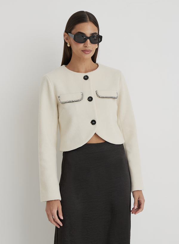 4th & reckless Cream Wool Contrast Pocket Cropped Jacket- Mable