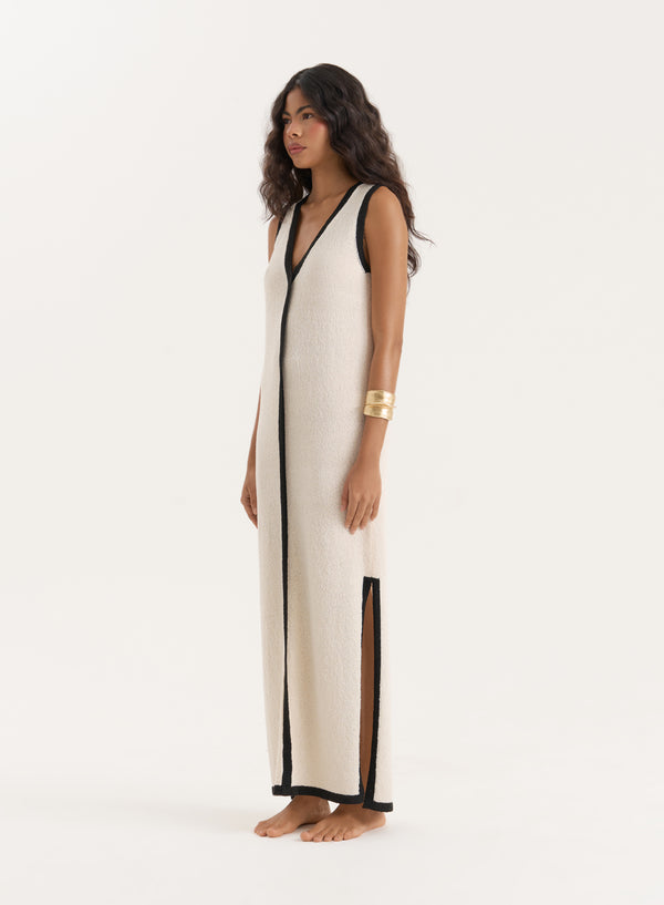 4th & Reckless Ecru Knitted Constrast Trim Midaxi Dress- Elea