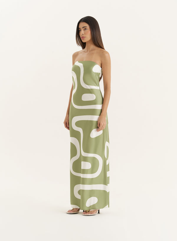 4th & Reckless Green Abstract Print Bandeau Satin Maxi Dress- Shona