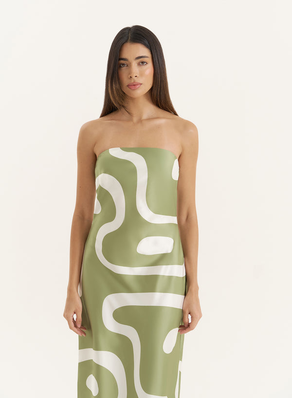 4th & Reckless Green Abstract Print Bandeau Satin Maxi Dress- Shona