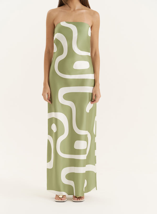 4th & Reckless Green Abstract Print Bandeau Satin Maxi Dress- Shona
