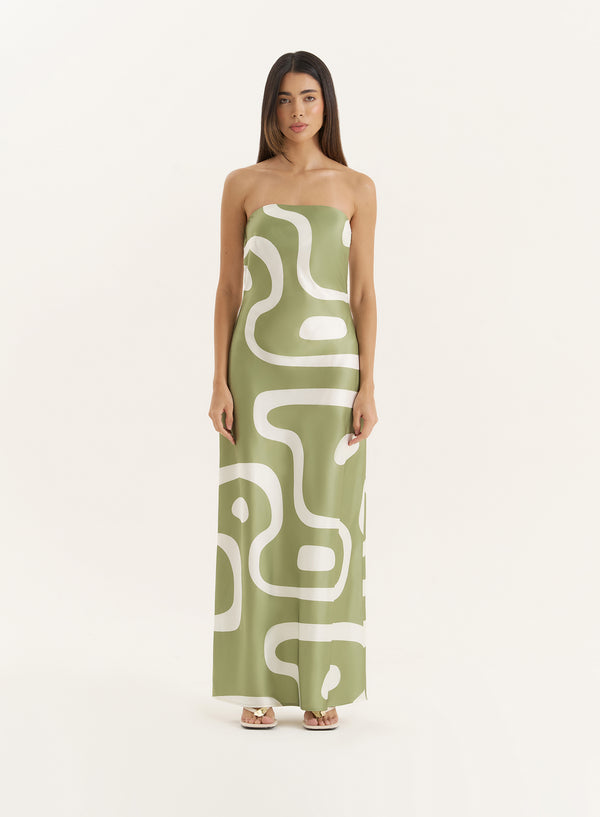 4th & reckless Green Abstract Print Bandeau Satin Maxi Dress- Shona