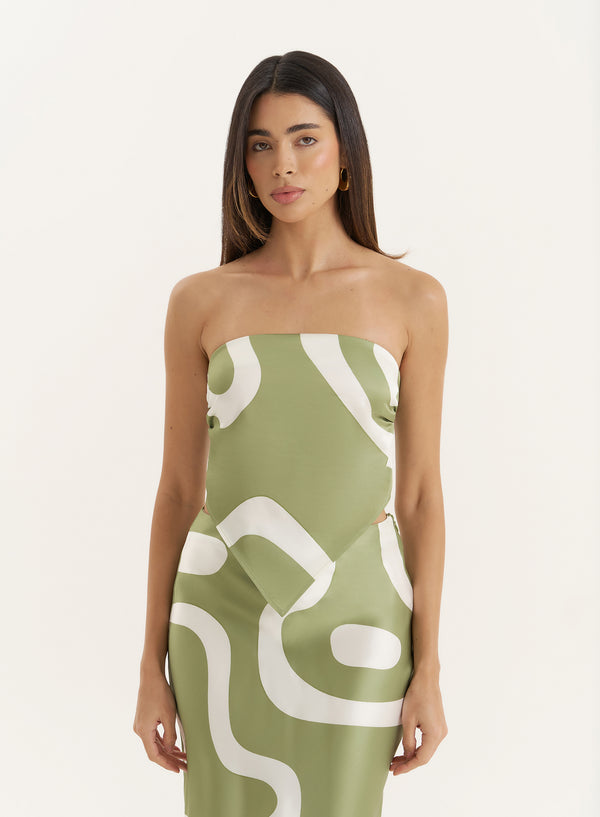 4th & reckless Green Abstract Print Satin Bandeau Top- Iris