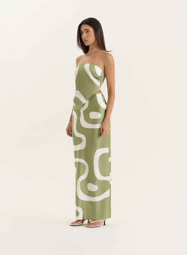 4th & Reckless Green Abstract Print Satin Maxi Skirt- Iris