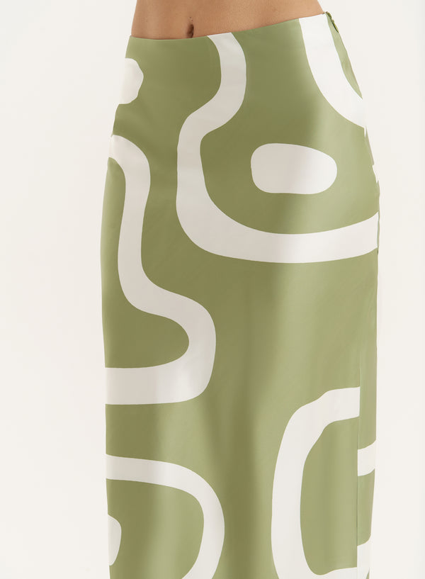 4th & Reckless Green Abstract Print Satin Maxi Skirt- Iris