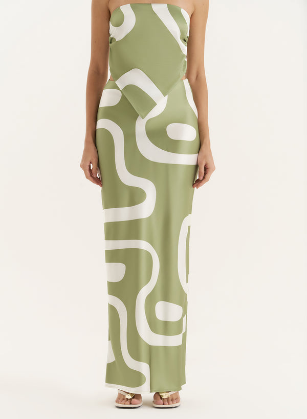 4th & Reckless Green Abstract Print Satin Maxi Skirt- Iris