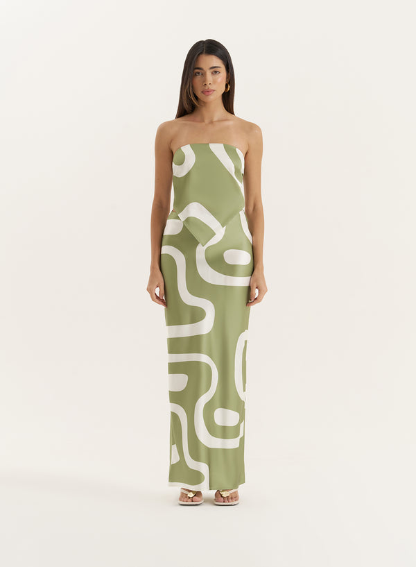 4th & reckless Green Abstract Print Satin Maxi Skirt- Iris
