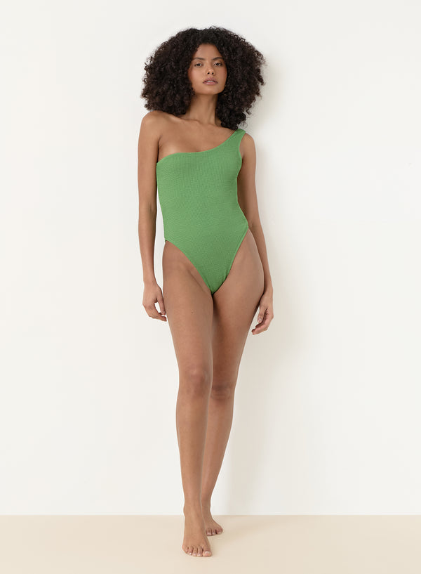4th & Reckless Green Crinkle One Shoulder Swimsuit- Rica