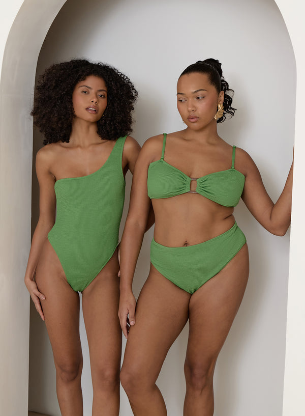 4th & reckless Green Crinkle One Shoulder Swimsuit- Rica
