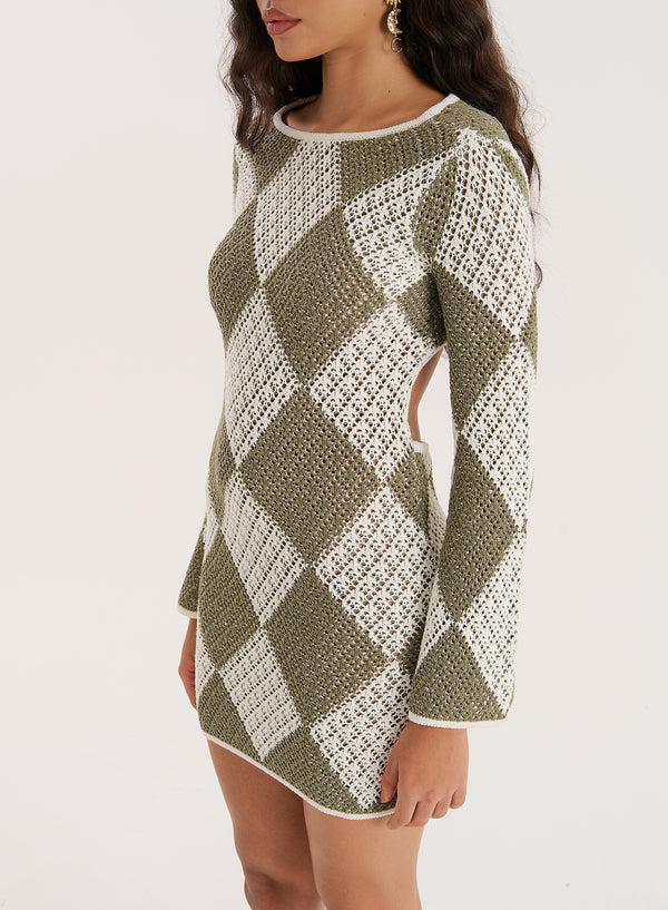 4th & Reckless Green Crochet Knit Open Back Mini Dress- Florina