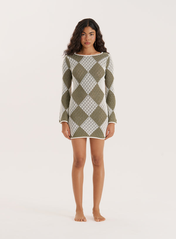 4th & reckless Green Crochet Knit Open Back Mini Dress- Florina