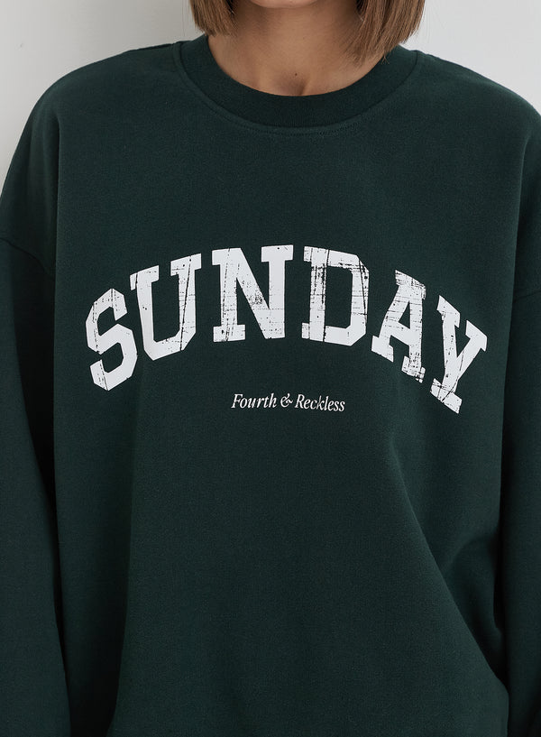 4th & Reckless Green Distressed Sunday Slogan Oversized Sweatshirt- Amanda