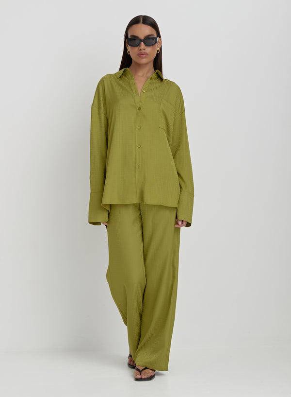 4th & Reckless Green Jacquard Satin Print Oversized Shirt- Mimi