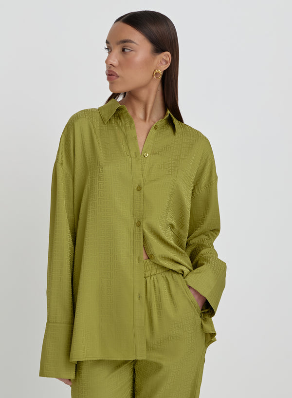 4th & Reckless Green Jacquard Satin Print Oversized Shirt- Mimi
